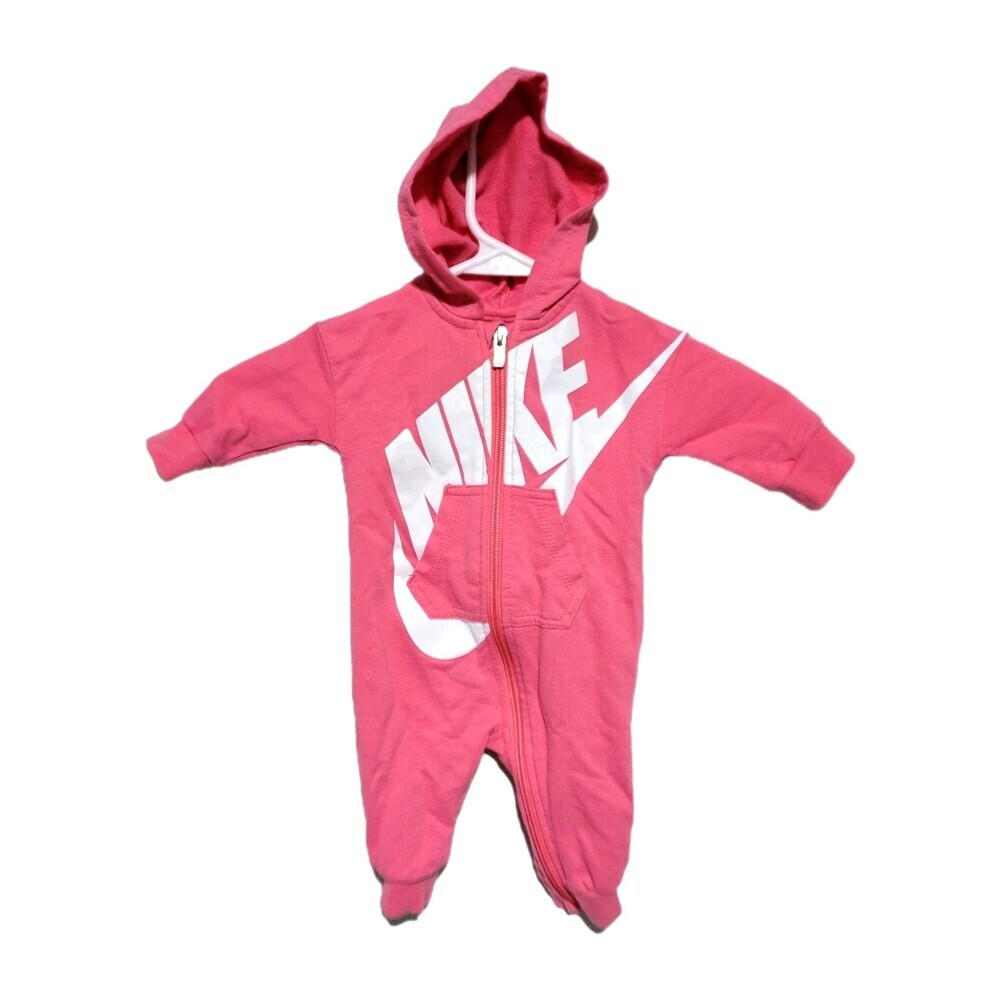 Nike One Piece Hoodie Romper 3 Months Baby Pink Pockets Full Zip Logo